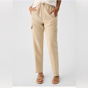 FAHERTY Arlie Day Cargo Casual Pant Linen Soft Blend Safari Beige Large $148 NWT